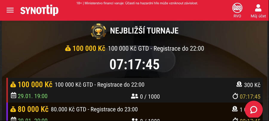 V SynotTip aplikaci můžete naskočit do nejbližších MTT turnajů