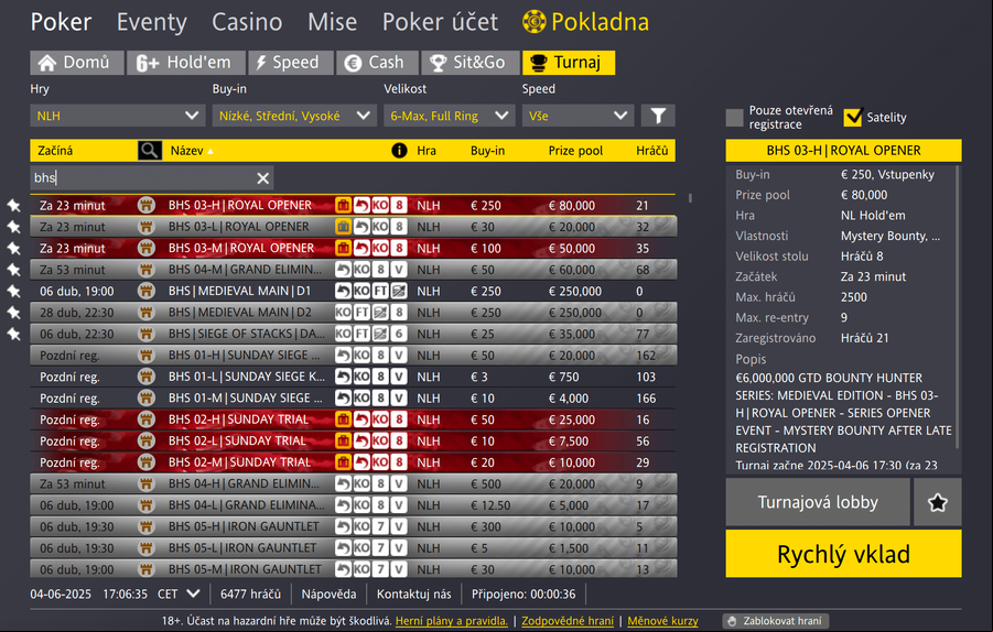 Lobby Fortuna pokerové herny