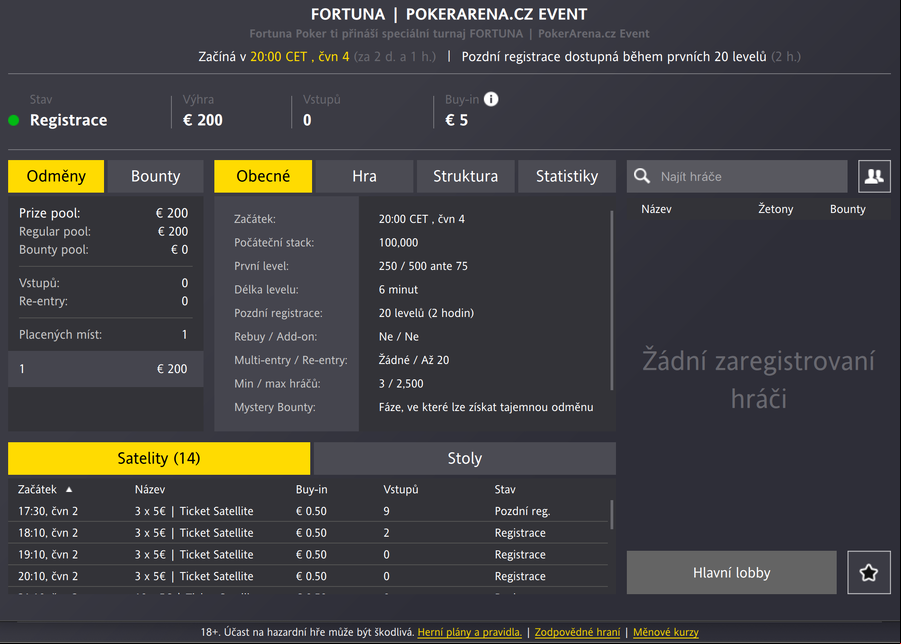 PokerArena.cz Event lobby na Fortuna Pokeru